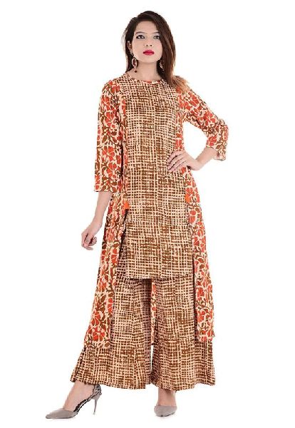 Orange Printed Kurti With Palazzo