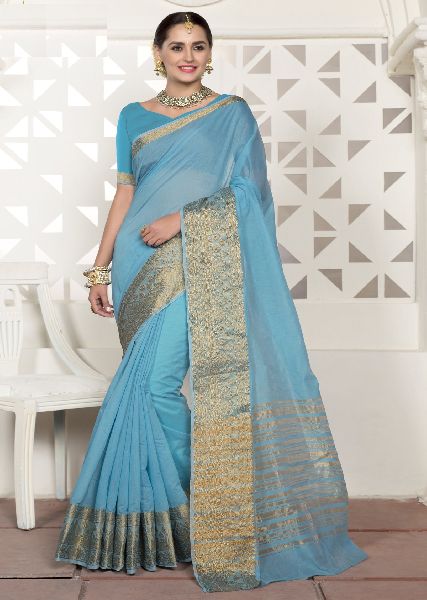 Chanderi Attached Border Sarees, Saree Length : 6.3 m (with blouse piece)