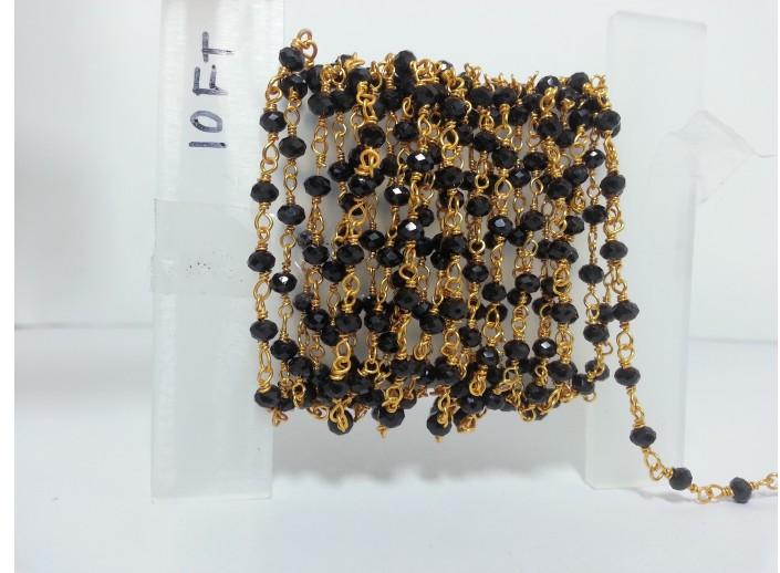 Natural Black Spinel Rondelle Beads Gold Plated Rosary Chain