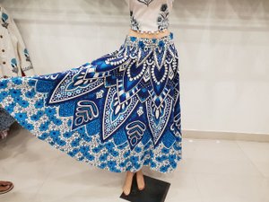 Blue Colorful Mandala Long Cotton Women Skirt Rapron Jaipuri Ghagra