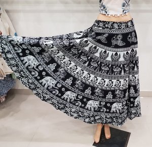 Elephant Print Black Cotton Mandala Women Skirt Rapron Bagru Long Wrap Round Ghagra