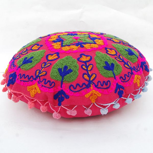 Embroidered Suzani Pom Pom Cushion Cover Round Pillow Case