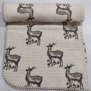 Hand Block deer Print Baby Kantha Quilt Wrap Blanket