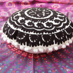 Round Black Color Suzani Embroidered Cushion Cover Decorative Pillow Cover