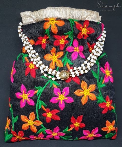 Saanjh Accessories Raw Silk Potli Bags, Color : Black