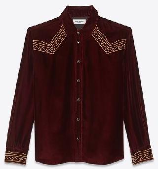 Embroidered Western-style shirt in burgundy velvet