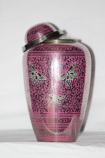 Round Butterfly Pink Brass Urn, Style : Antique