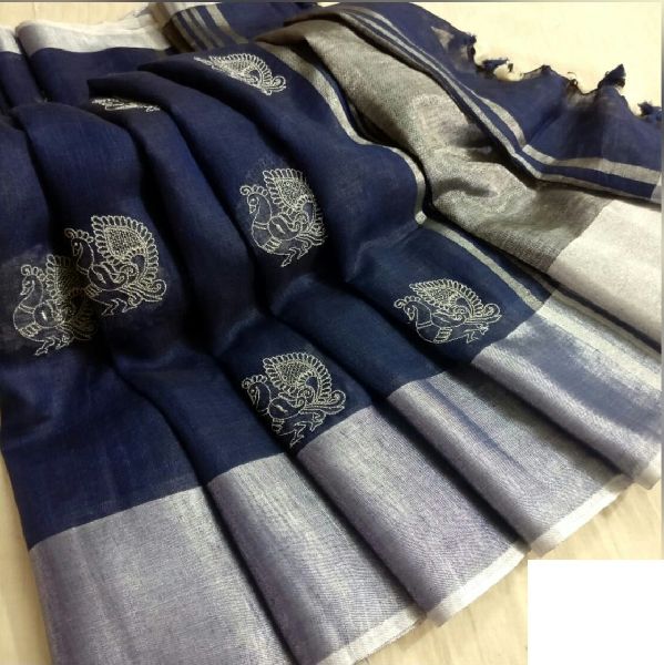 Handloom Pure Linen Embroidery sarees, Pattern : Emboirdary
