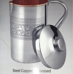 Copper Steel Embossed Jug, for Serving Water, Water Storage, Feature : Fine Finish, Good Quality, Leakage Proof