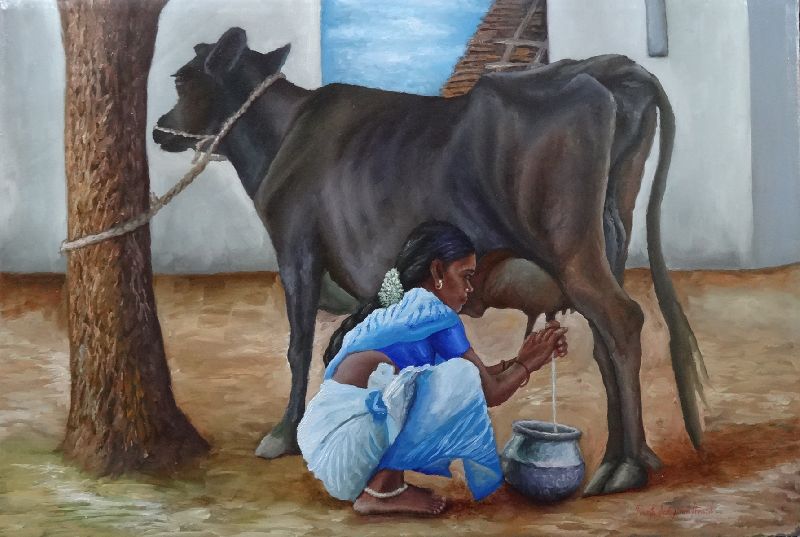 Woman milking cow canvas painting