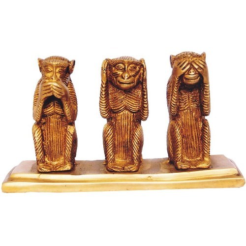 IEH Brass Three Monkey Set, for Gift, Color : Golden