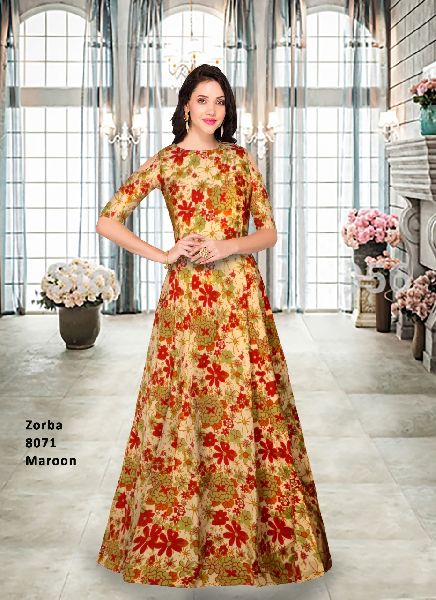 Heavy Banglory Silk 8071 Zorba Maroon Gown, Size : Xl