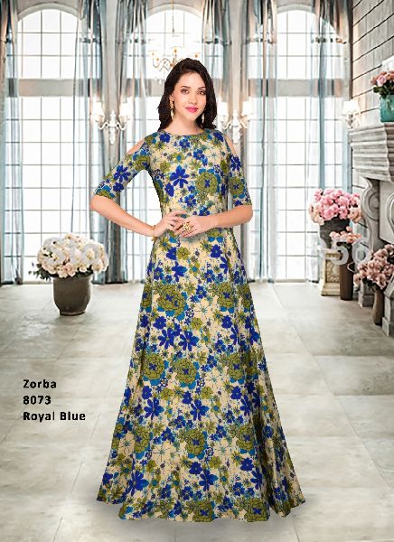 Heavy Banglory Silk 8073 Zorba Blue Gown, Size : M, Xl