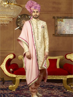 Cream Art Silk Wedding Wear Embroidery Work Sherwani