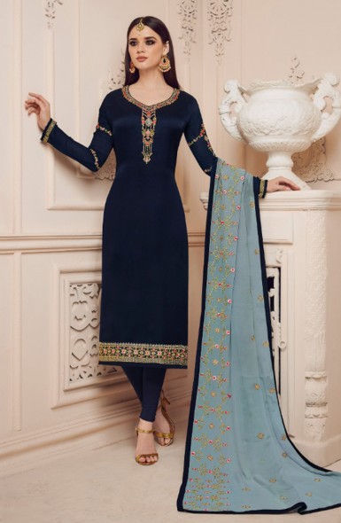 Designer Neck Embroidery Work Churidar Suit