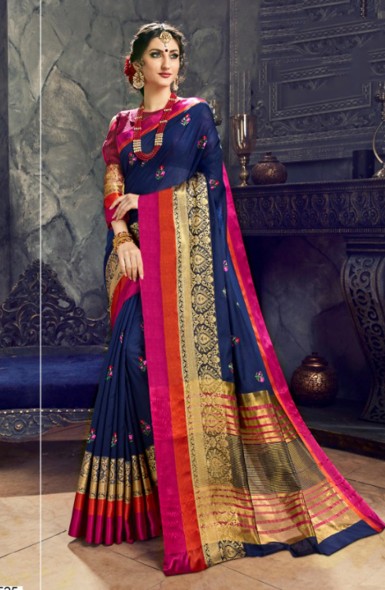 Navy Blue Cotton Silk Casual Wear Embroidery Work Saree
