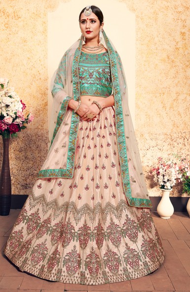 Peach Satin Silk Reception Wear Resham Work Lehenga Choli