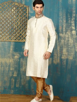 White Brocade Wedding Wear Patch Border Work Sherwani