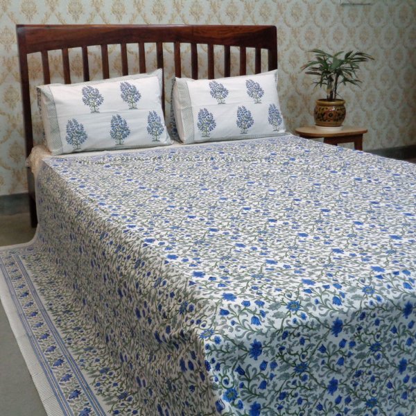 Cotton Block Printed Percale Queen Size Bedspread