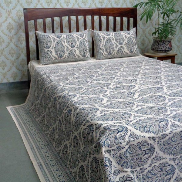 Dyed and Block Printed Queen Size Bedspread