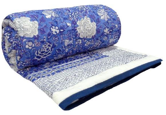 Hand Block floral canvas brandeis blue Twin Size Cotton Quilt