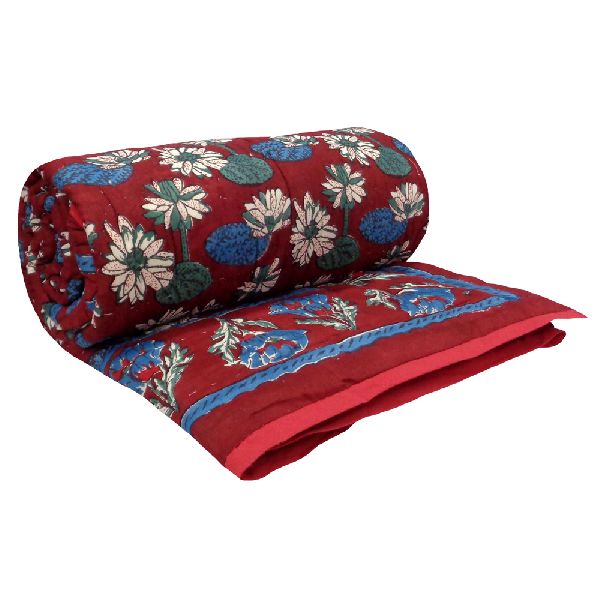 Hand Block lotus rio red Printed Patchwork Twin Size Quilt