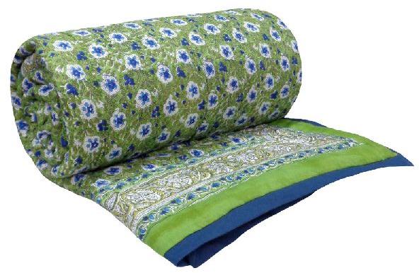 Handmade Anemone Green Block Printed Twin Size Cotton Quilt