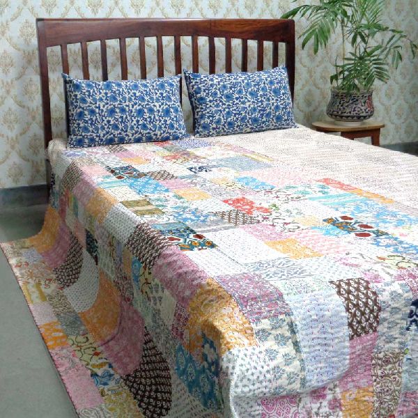 Multicolor Kantha Cotton Twin Size Patchwork Quilt