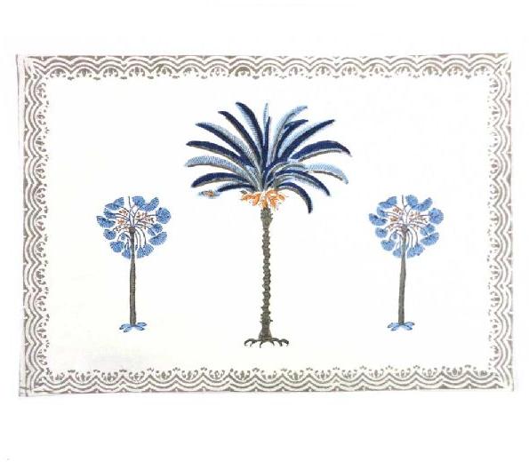 Palm Tree Blue Hand Block Printed on Cotton Canvas Table mats