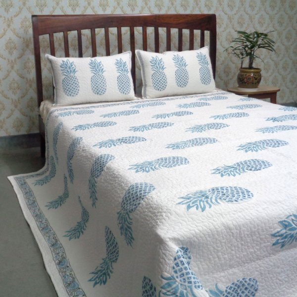 Pineapple Aqua Printed Queen Size Quilted Bedspread