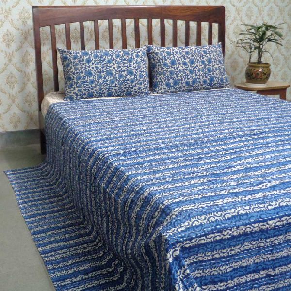 Queen Size Indigo Stripes Kantha Quilt