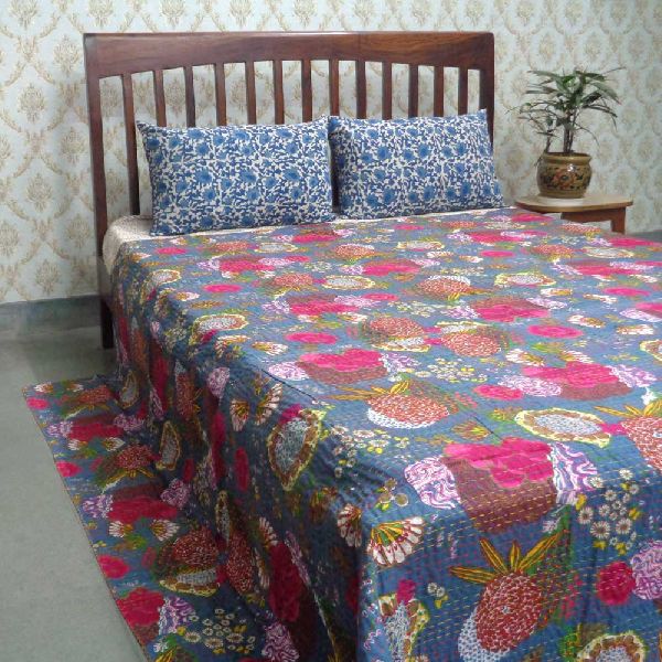 Queen Size Tropicana Grey Kantha Quilt