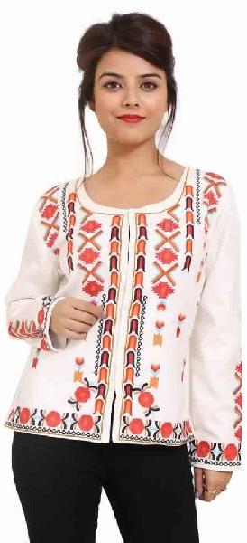 Cotton Embroidery Full Sleeve Party Wear White Jacket