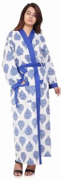 White with Blue Cotton Long Kimono Robe