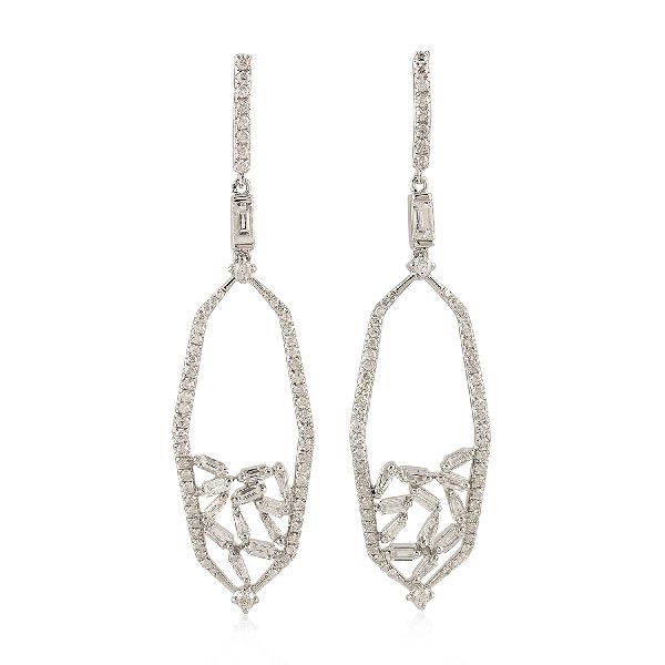 18k gold baguette diamond dangle earrings, Size : 56X14 MM