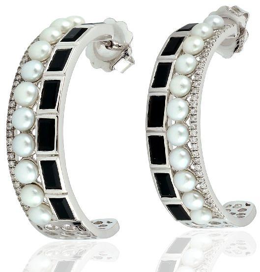 baguette onyx and pearl hoop earrings
