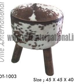 Hair on hide leather round pouffe ottoman