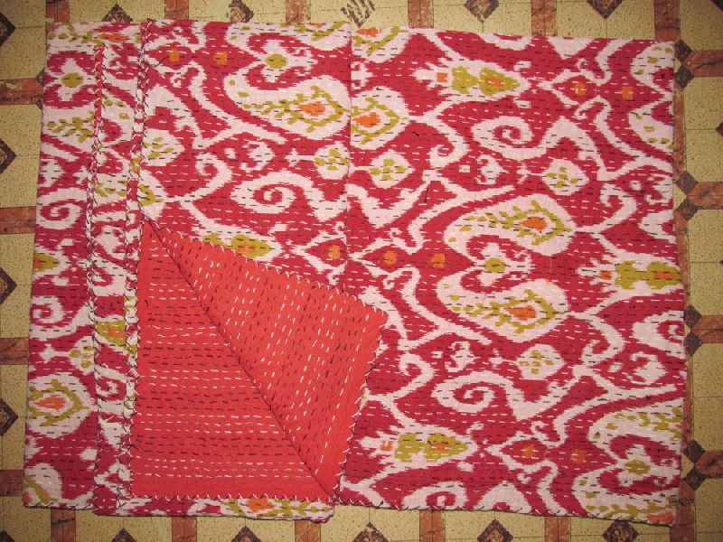 Ikat Print Kantha Work Bedspread