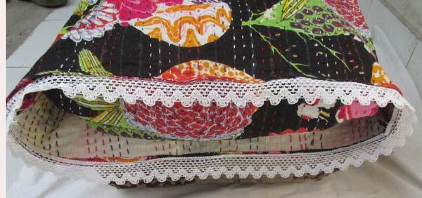 Kantha Pillow Cover With Crochet Edge