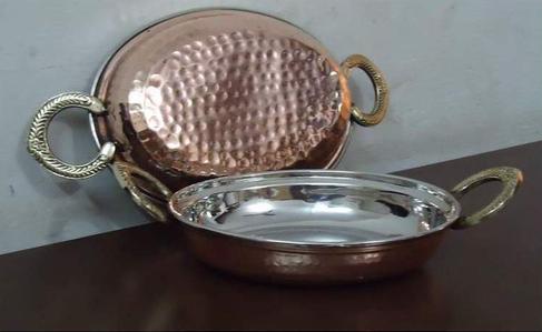 COPPER STEEL OVAL PORTION DISH WITH BRASS HANDLE