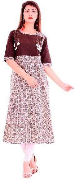 Brown Printed A Line Kurti, Occasion : Casual Wear, Party Wear