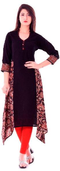 Cotton Slub Black A Line Kurti, Technics : Woven