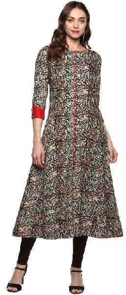 3/4 Sleeve Cotton Kalamkari Print Anarkali Kurti, Pattern : Printed ...