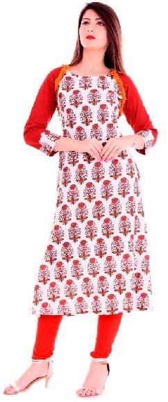 Rayon Floral Print A Line Kurti, Technics : Woven