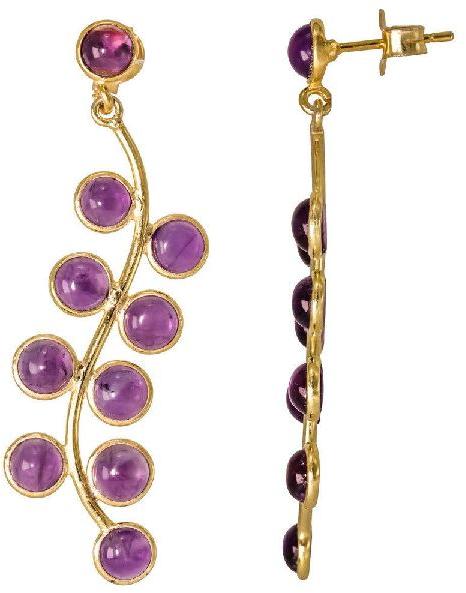 Amethyst Quartz Cab Round Stud Drop Earring