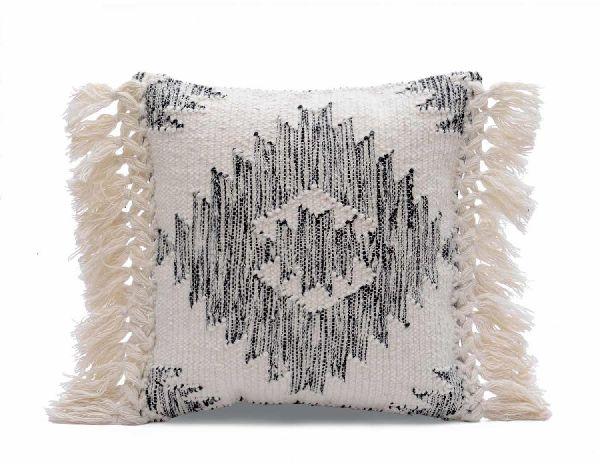 White grey diamond design cushion cover with fringes