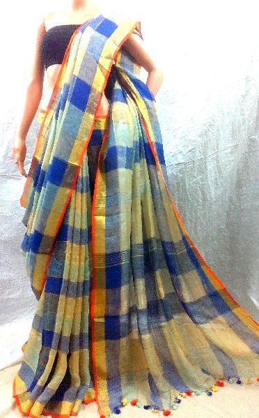 New Handloom Linen Multicolor Check saree, for Anti-Wrinkle, Dry Cleaning, Easy Wash, Shrink-Resistant