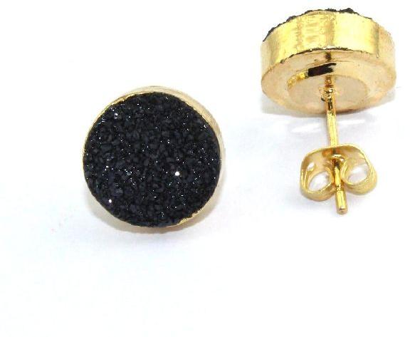 Round Black Natural Sugar Druzy 24k Gold Eletroplated Stud Earring