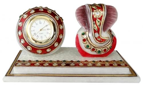 Marble Clock With Ganesh Ji, Overall Dimension : 6x4x3