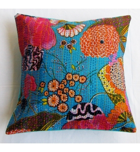 Turquoise Floral Kantha Cushion Cover